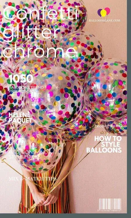A woman smiling while holding a colorful bunch of balloons on a magazine cover.