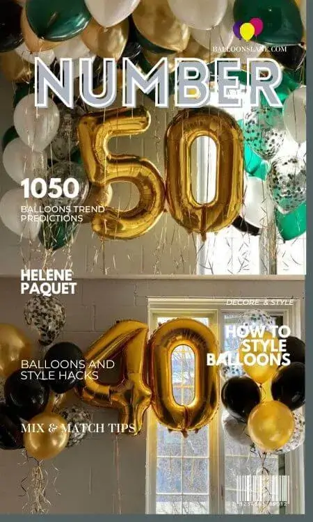A festive number 50 balloon kit featuring large, shiny balloons in gold and black, perfect for a birthday celebration.